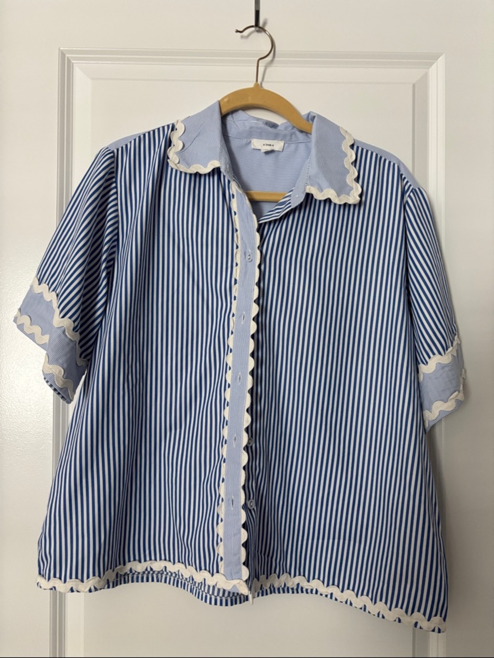 Women’s Blue & White Striped Button-Up Blouse with Scallop Trim